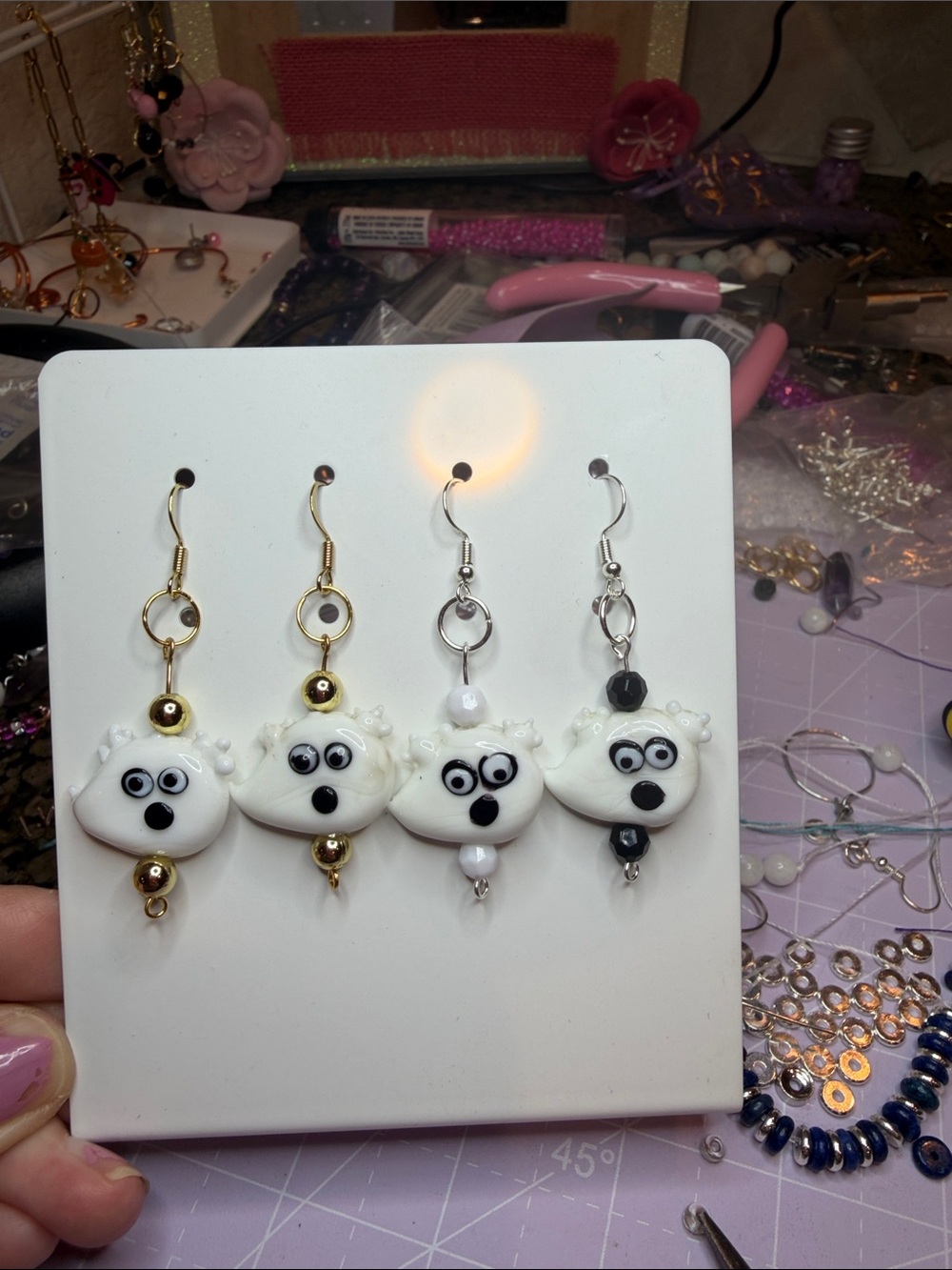 Cute White Bear-Face Dangle Earrings — Set of 4